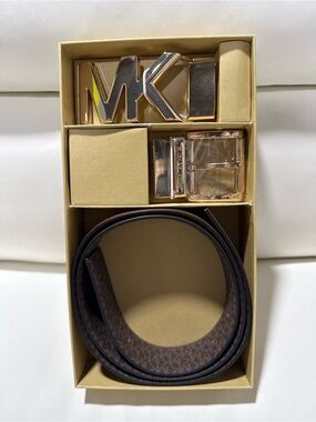 Michael Kors Brown Monogram Reversible Belt with Interchangeable Gold Buckles